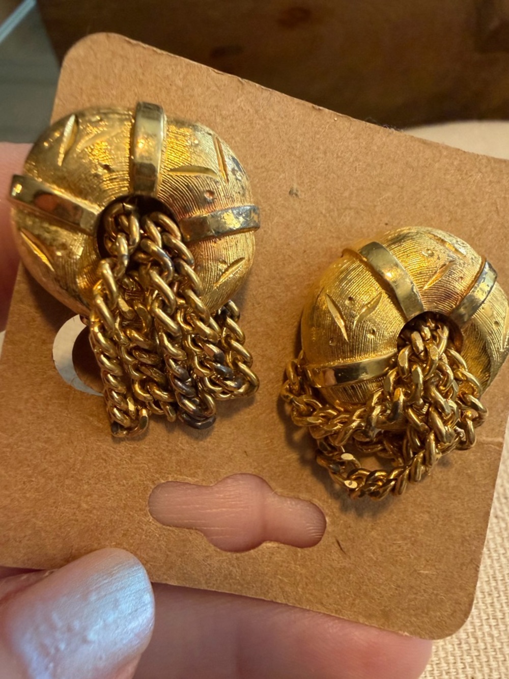Vintage Gold-Tone Chain Tassel Clip-On Earrings